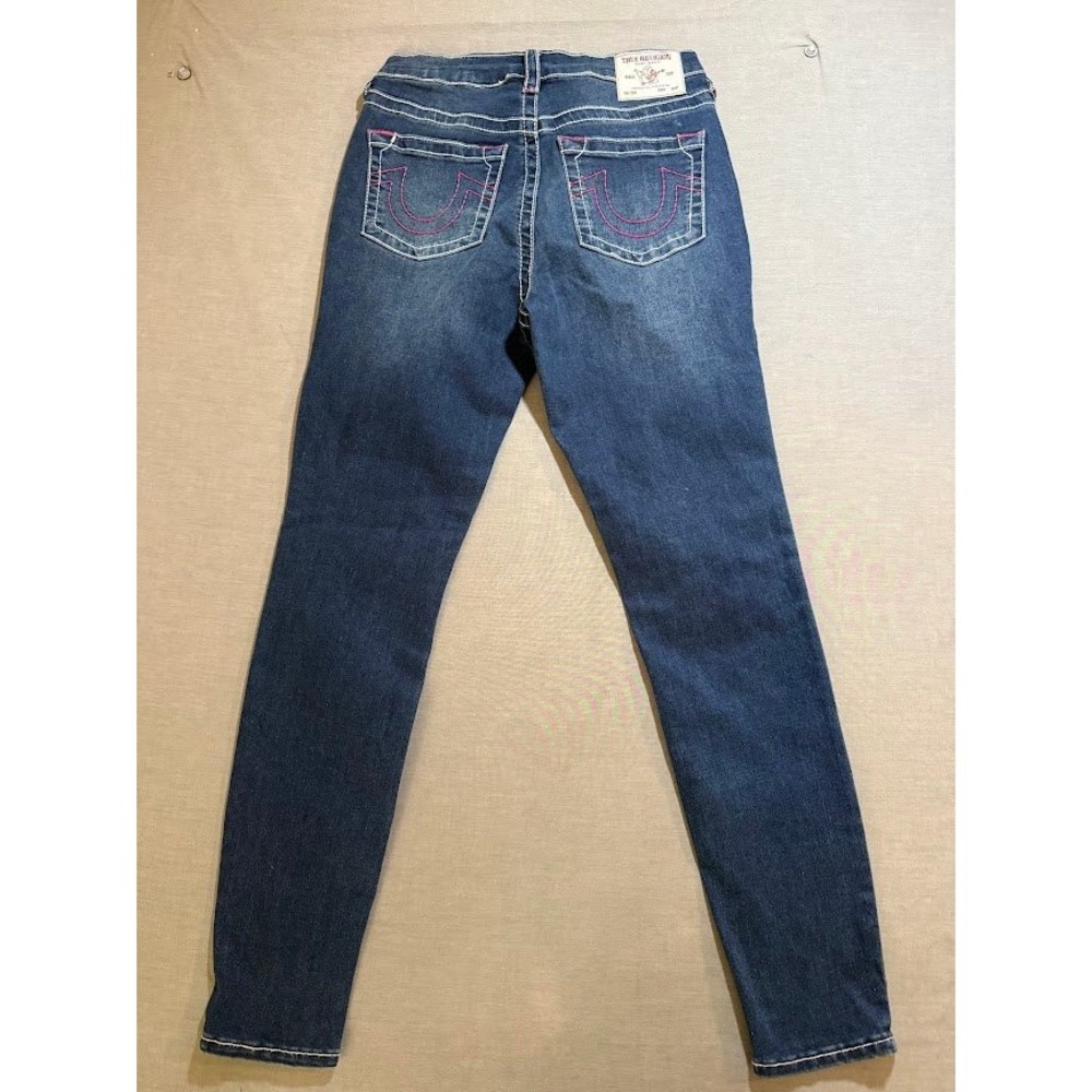 TRUE RELIGION Hallie Womens Skinny Jeans Blue Stretch Denim Rainbow Stitch 28X29